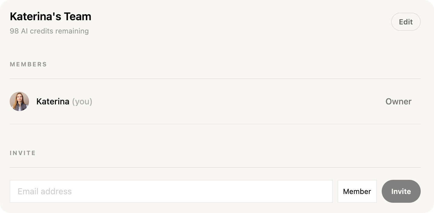 Socia team members list with role controls